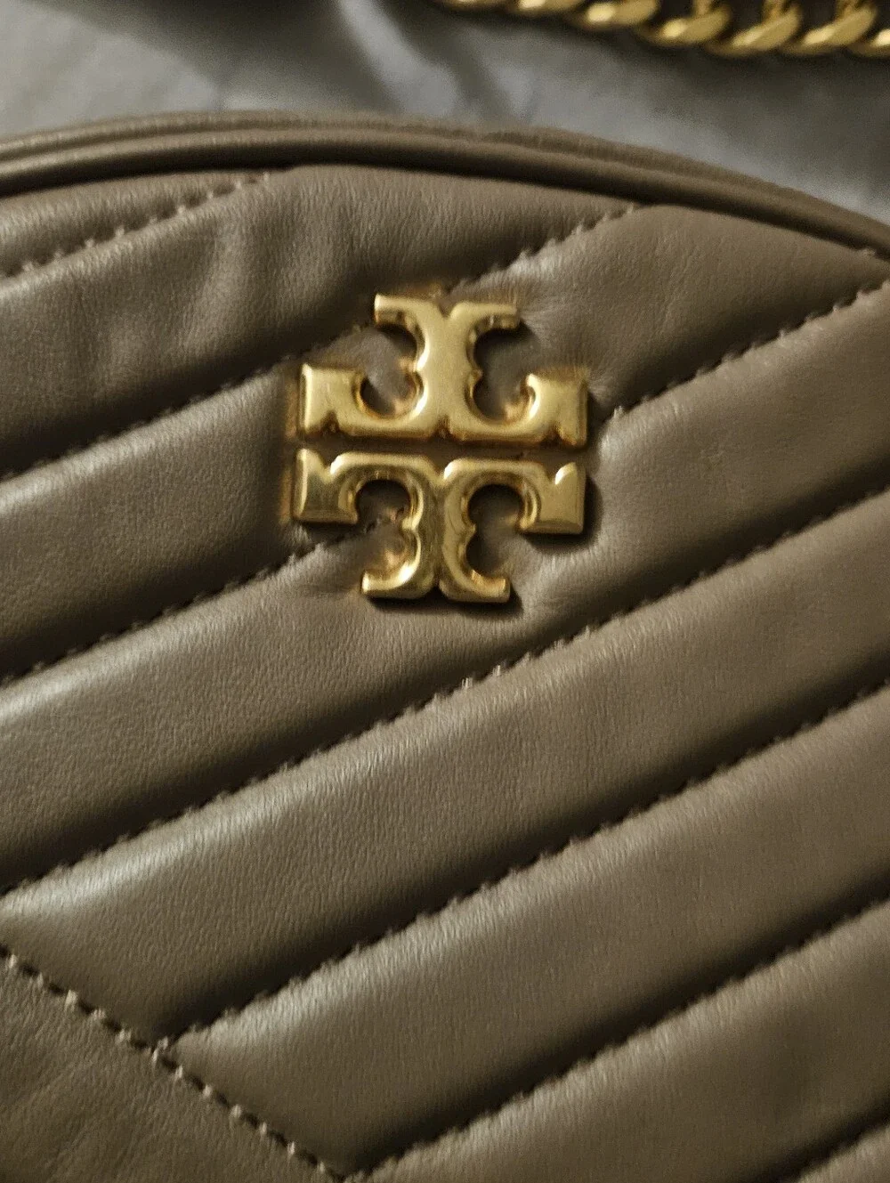 Tory Burch Taupe Quilted Chevron Leather Crossbody with Gold Chain